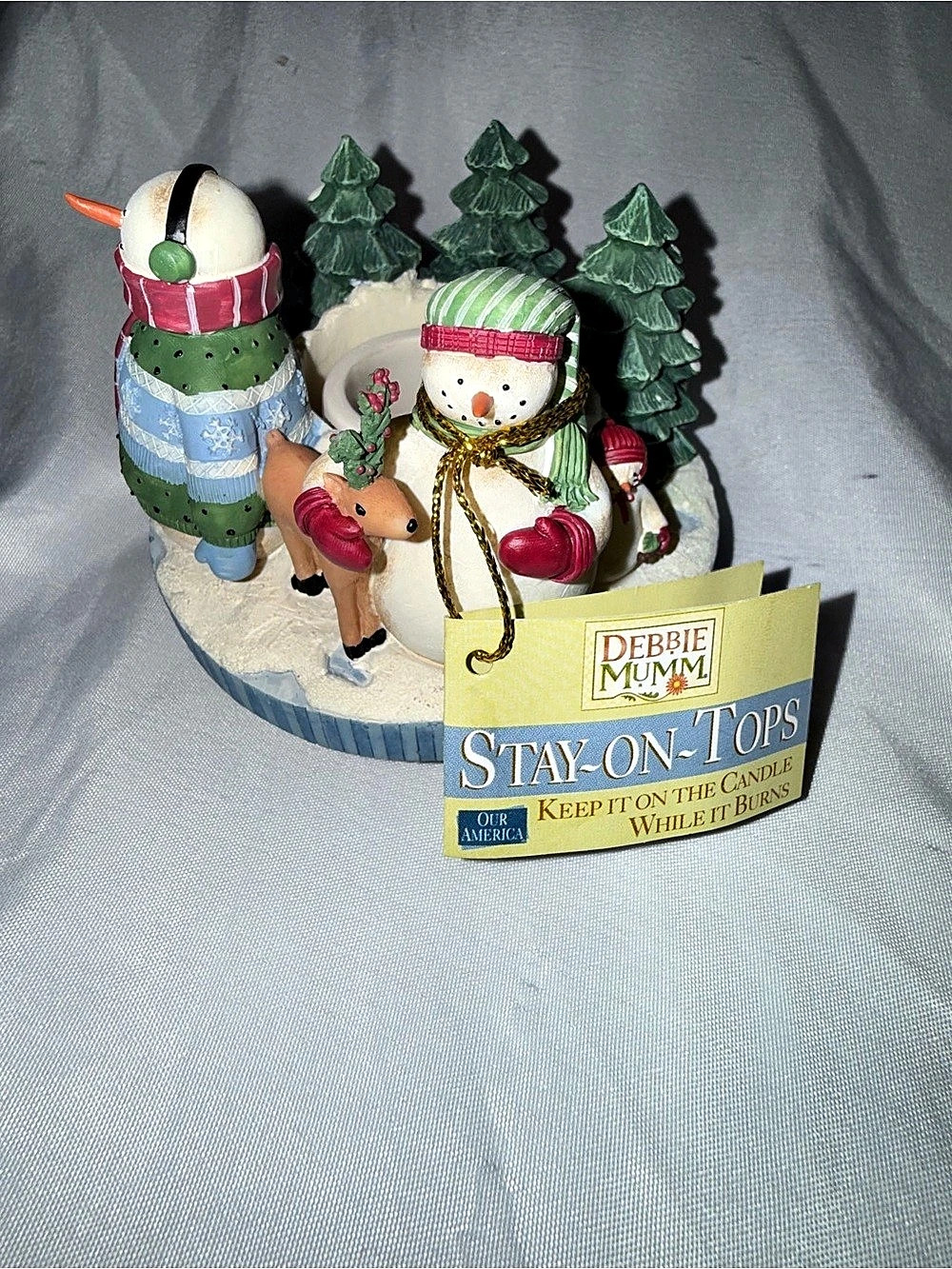 Debbie Mumm Stay-On-Tops Snowman Candle Holder Green & White